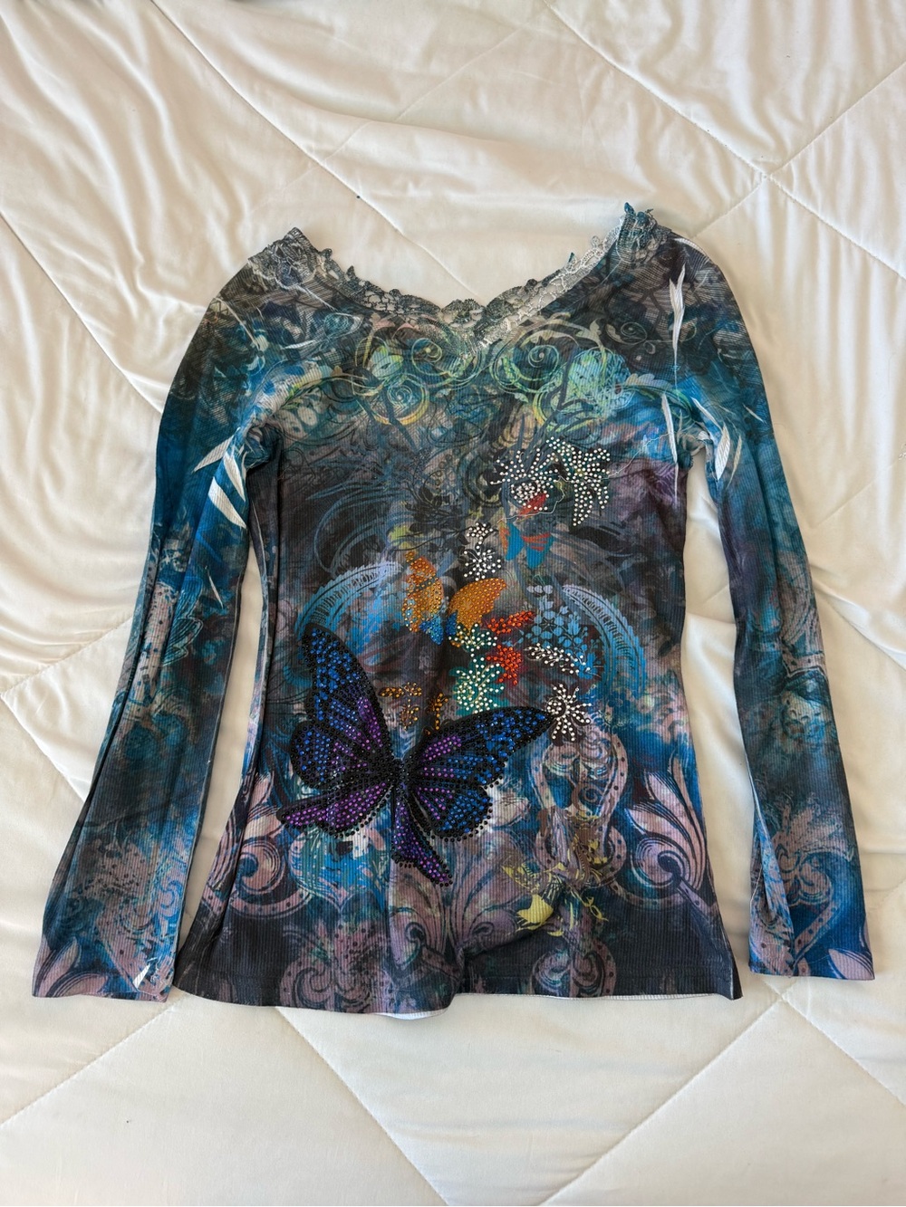 Embellished Butterfly V-Neck Long Sleeve Top in Teal and Black